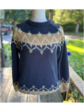 Women’s Navy Mohair Sweater with Tan and White Nordic Pattern  - No Brand Tag